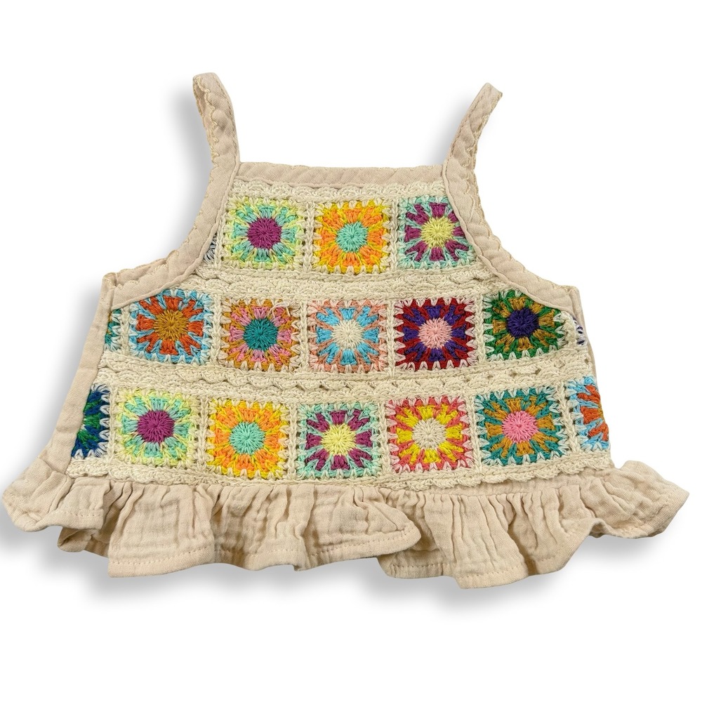 Baby Girls Crochet Granny Square Muslin Ruffle Tank Top Cream 9-12M